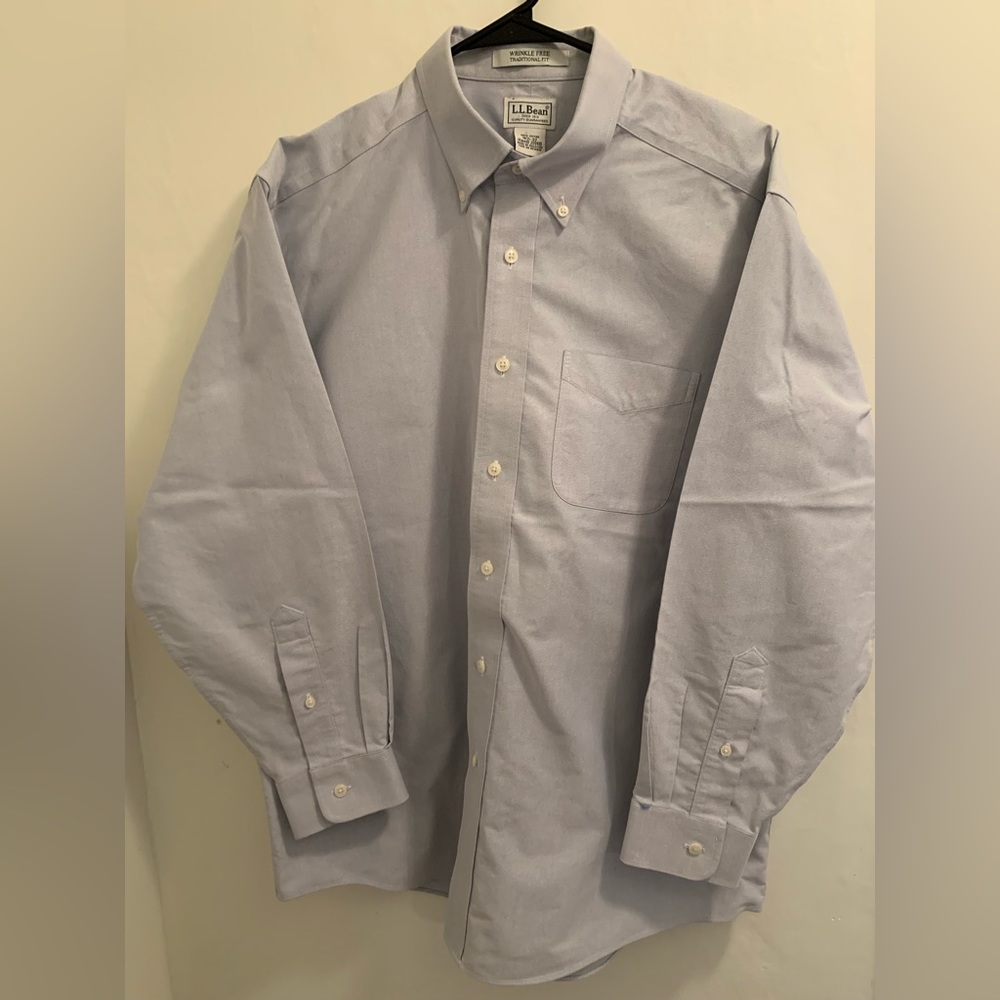 LL Bean Mens Solid Blue Button Down Dress Shirt 16.5-32 Traditional Fit